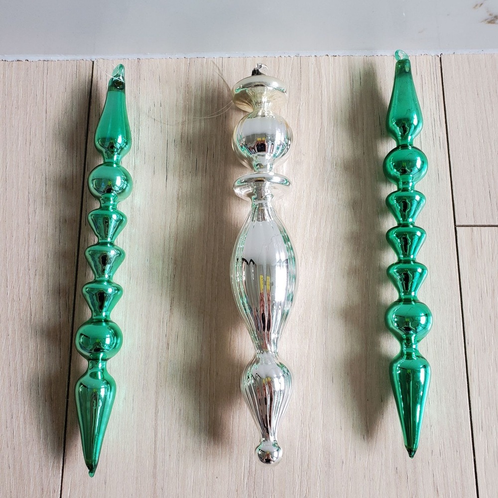 Christmas Ornaments Set 3 Glass Green Silver Large Tree Baubles Hanging Decor